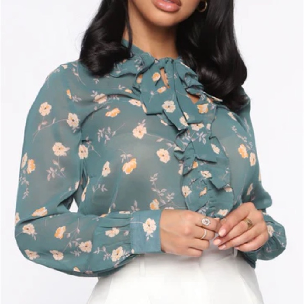 Fashion Nova Teal Blouse with Orange and White Floral Print